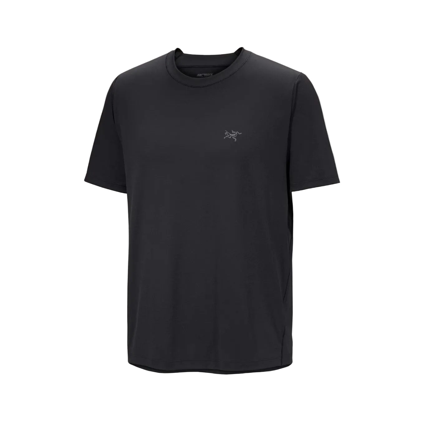 Black Arc'teryx Cormac Crew Neck performance shirt made from fast drying recycled polyester designed for summer workouts, hiking, gym training, and lightweight outdoor layering