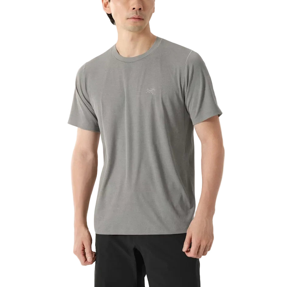 Arc'teryx Cormac Crew Neck Shirt in Void colorway worn during mountain training showing breathable lightweight construction for hot weather trail running and high intensity outdoor sessions