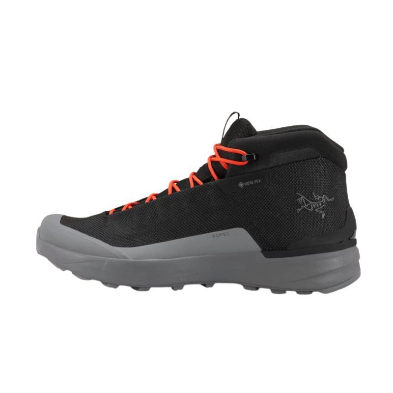 Side view of Arc'teryx Kopec Mid GTX Boot Black and grey colorway featuring CORDURA mesh upper, mid height ankle support, and trail ready Vibram LITEBASE traction system
