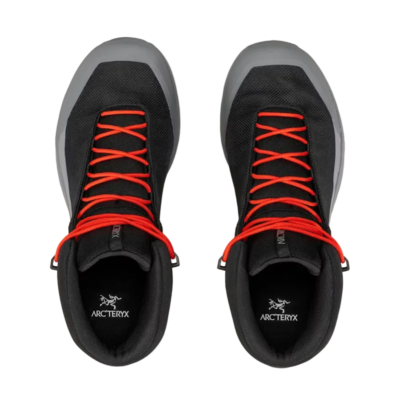 Top down view of Arc'teryx Kopec Mid GTX Boots in Black Void with dynasty red laces, lightweight waterproof GORE TEX tactical hiking boots featuring wide toe box and breathable CORDURA mesh upper for long distance rucking and trail performance