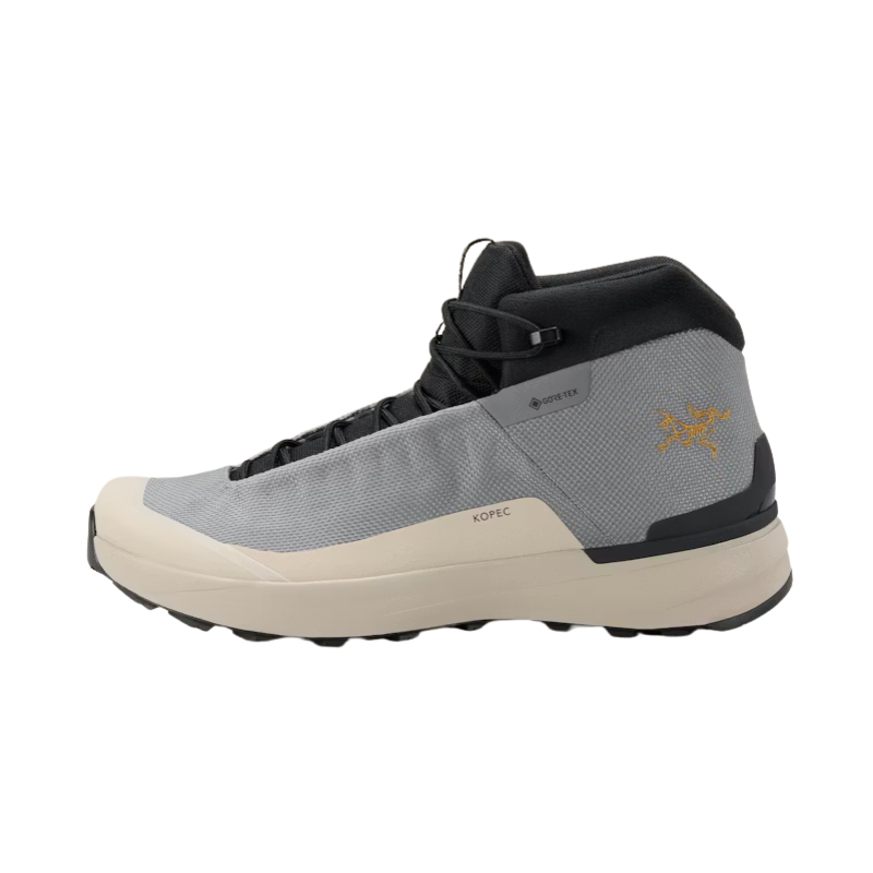 Gray and black hiking boot with Arc'teryx brand logo on a white background