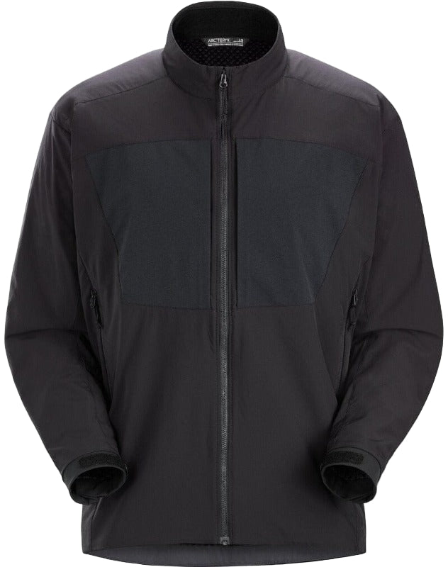 Product shot of the Arc'teryx LEAF Practitioner AR Jacket in Black showing the lightweight insulated mid layer built with Fortius Air 50 fabric and Octa Loft insulation for breathable tactical performance.