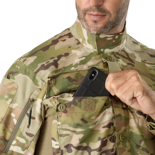 Close-up of Arc'teryx LEAF Recce Shirt LT MultiCam showing front chest pockets in use – tactical shirt designed for LCE and body armor compatibility