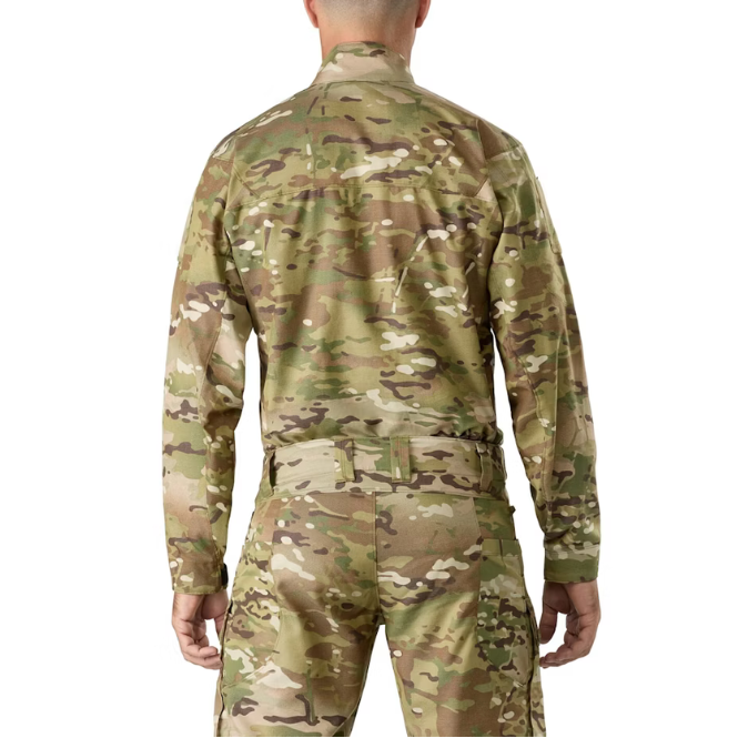 Back view of Arc'teryx LEAF Recce Shirt LT in MultiCam camo – no-melt, no-drip combat shirt with mesh vents and reinforced construction, on sale now
