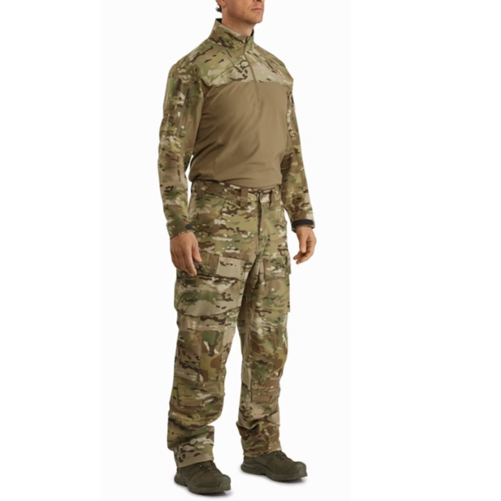 Arc’teryx LEAF Softshell Combat Pant in Multicam shown at alternate 3/4 angle with Assault Top | Cold-weather softshell combat pants with articulated knees, dump cargo pockets, and gusseted crotch for mission-ready mobility