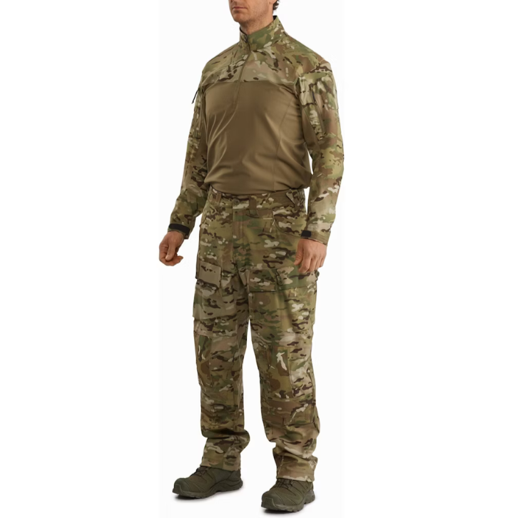 Arc’teryx LEAF Softshell Combat Pant in Multicam shown 3/4 full body with Assault Top | Tactical softshell pants built for cold-weather direct action with reinforced knees, cargo pockets, and operator-ready design