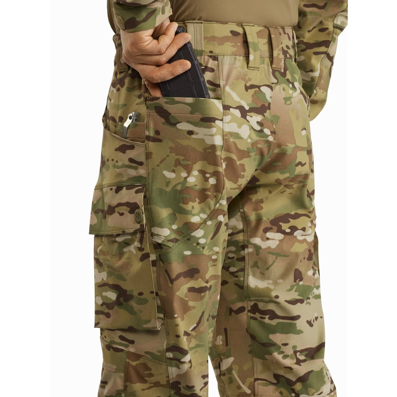 Arc’teryx LEAF Softshell Combat Pant in Multicam showing mag pocket storage | Tactical softshell pants with dump-ready cargo and integrated magazine pockets for direct action missions