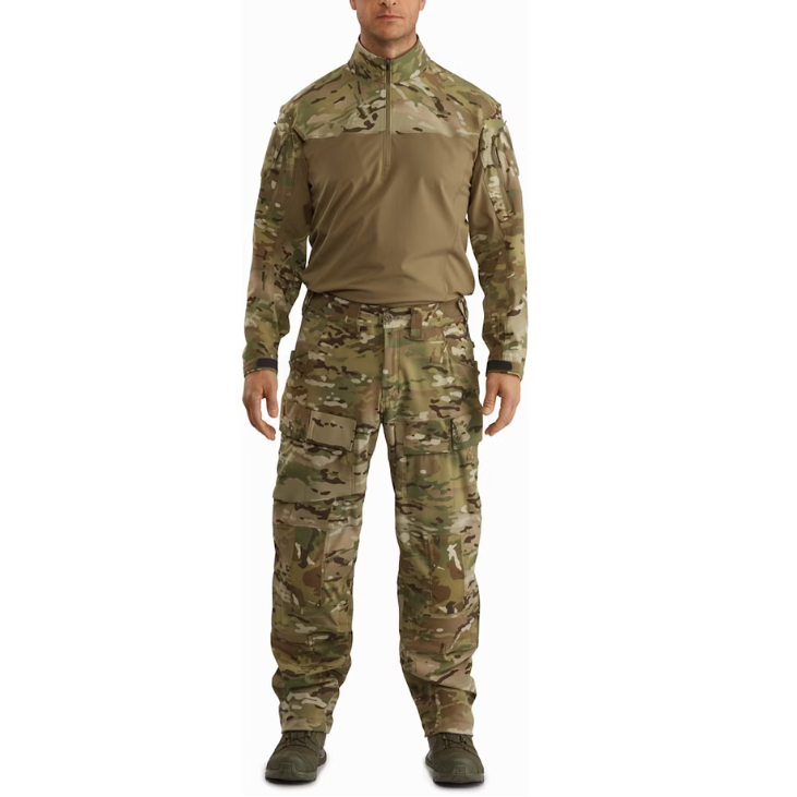 Arc’teryx LEAF Softshell Combat Pant in Multicam shown with Assault Top full body view | Professional cold-weather tactical uniform for military and law enforcement operations, built with reinforced knees and mission-ready softshell design