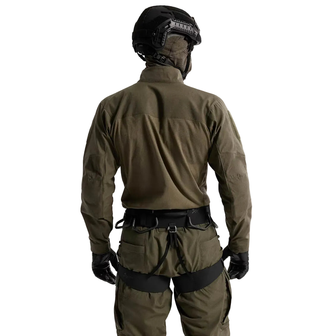 Arc'teryx PRO AR-395a climbing harness worn from the back, showing rear haul loop placement, elastic leg loop connection, gear organization access, and ergonomic fit for alpine, rock, and ice climbing.