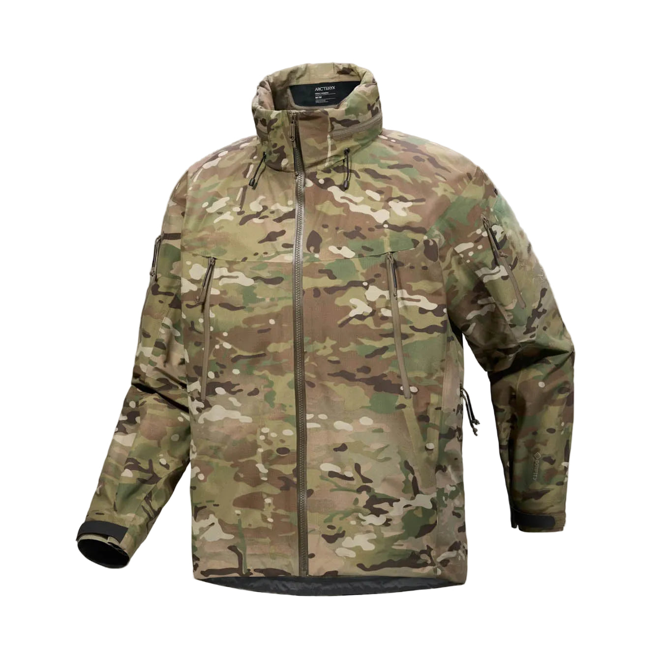 Arc'teryx PRO Alpha Jacket GEN 2.1 Multicam front facing product shot featuring lightweight GORE TEX tactical shell construction designed for military wet weather protection and operational mobility