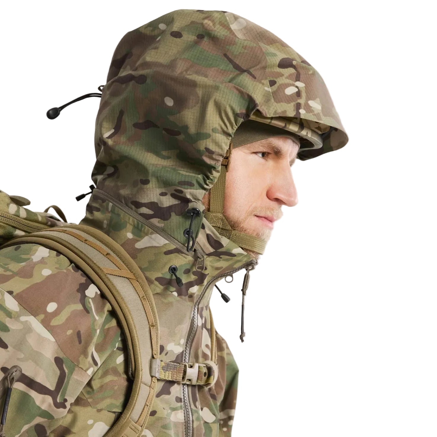 Arc'teryx PRO Alpha Jacket GEN 2.1 Multicam worn with StormHood up providing full weather coverage and visibility during wet weather tactical operations