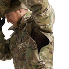 Close up of Arc'teryx PRO Alpha Jacket GEN 2.1 Multicam underarm ventilation zippers designed for temperature regulation during high output tactical movement