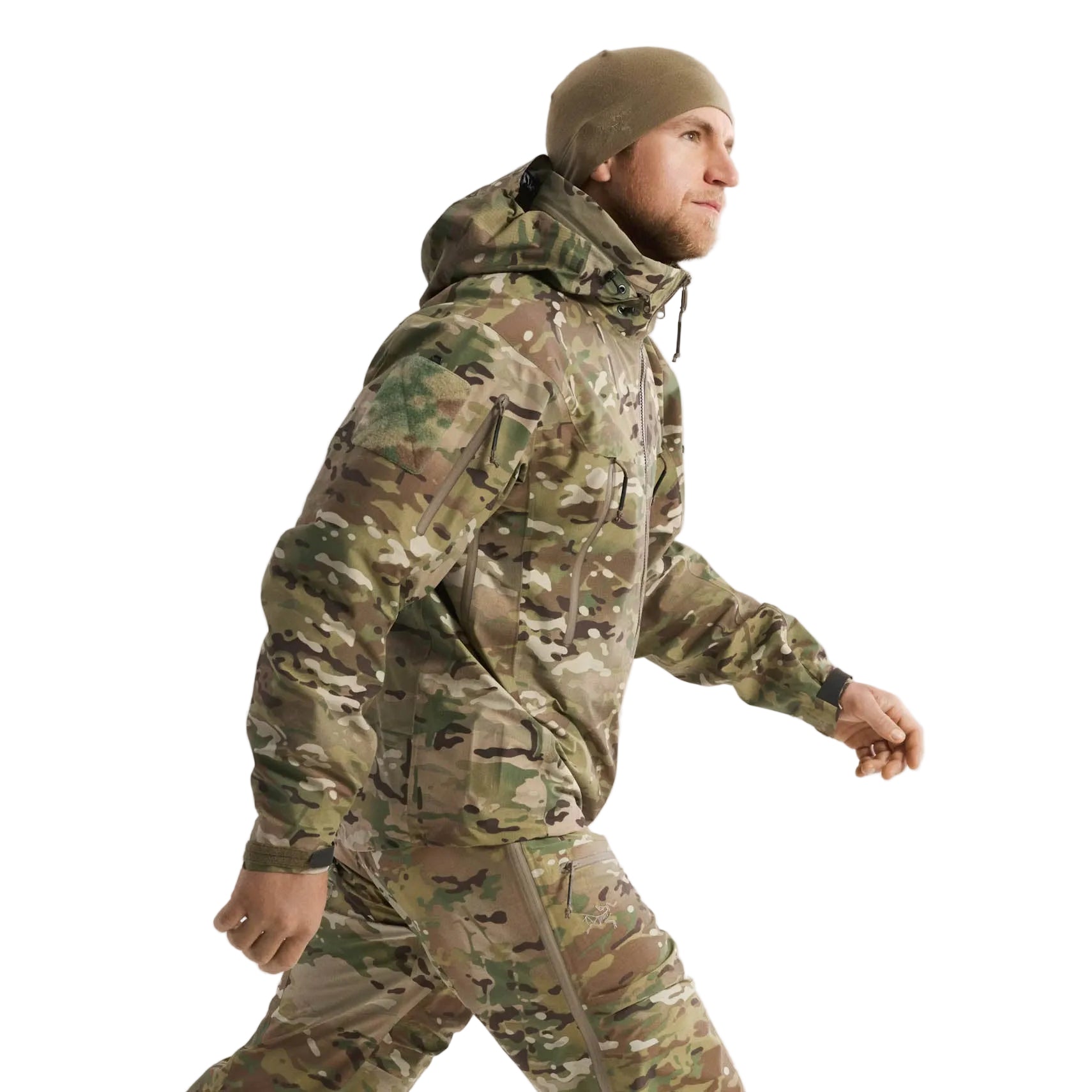 Side profile of Arc'teryx PRO Alpha Jacket GEN 2.1 Multicam highlighting streamlined military fit and breathable GORE TEX construction for dynamic field movement