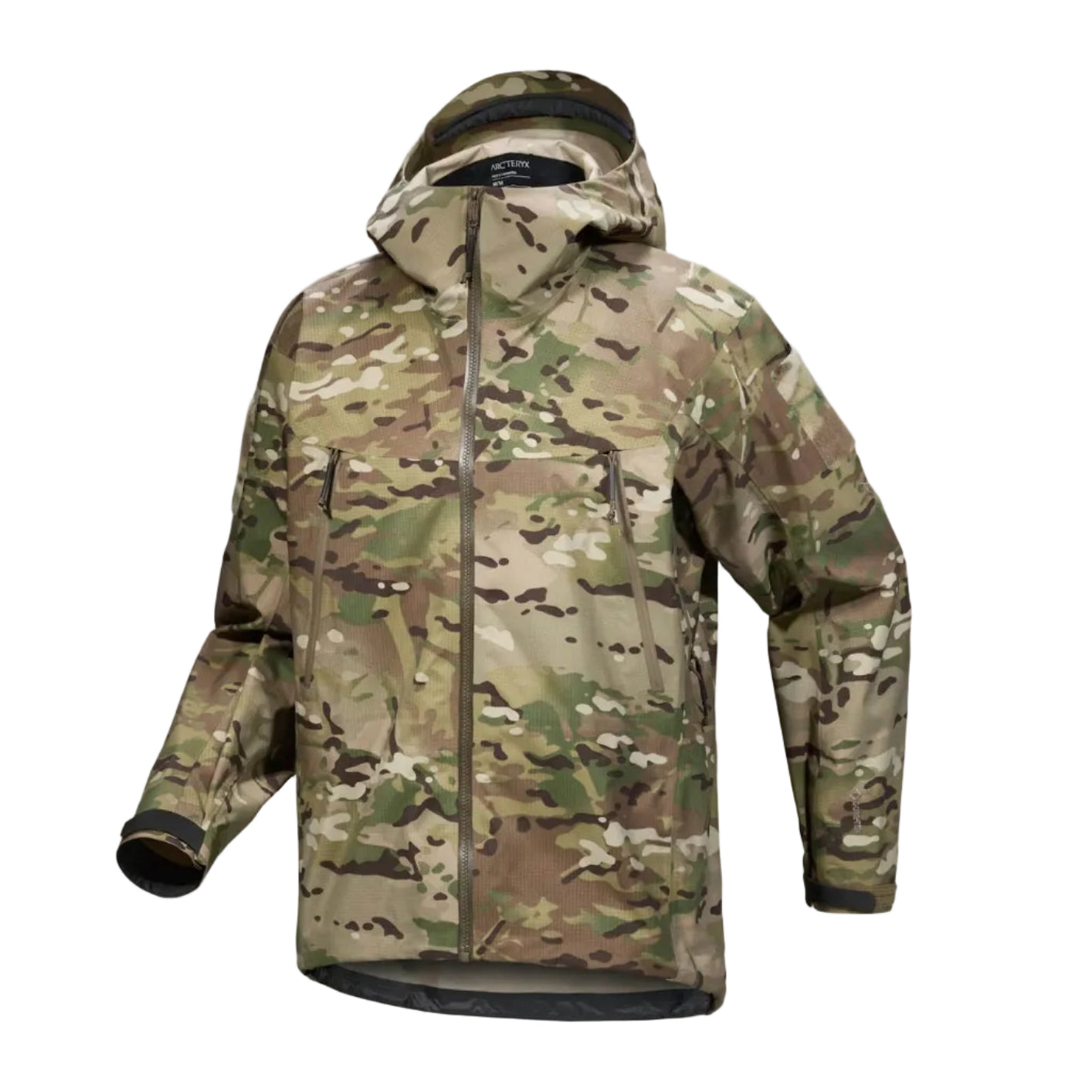 Arc'teryx PRO Alpha LT GEN 2.1 Multicam front product view featuring lightweight 3 layer GORE TEX construction, centerline zip design, and military cut waterproof shell built for combat environments
