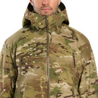 Close up field shot of Arc'teryx PRO Alpha LT Gen 2.1 Multicam tactical rain jacket highlighting seam taped waterproof construction and durable ripstop face fabric built for extreme military environments