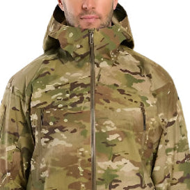 Close up field shot of Arc'teryx PRO Alpha LT Gen 2.1 Multicam tactical rain jacket highlighting seam taped waterproof construction and durable ripstop face fabric built for extreme military environments