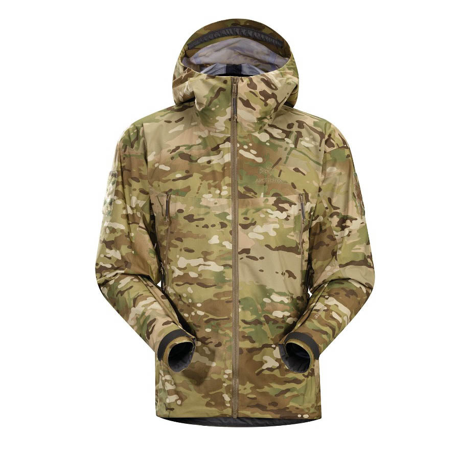 Front view of Arc'teryx PRO Alpha LT Gen 2.1 Multicam waterproof combat jacket with StormHood and centerline zip, breathable GORE TEX outer layer built for professional field operations