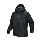 Front product view of the Arc'teryx PRO Alpha LT Jacket Gen 2.2 in Black, formerly part of the Arc'teryx LEAF line, featuring the lightweight GORE TEX 3 layer fabric, military fit patterning, fixed stowable hood, and mission ready design built for wet weather tactical operations and full spectrum field environments.