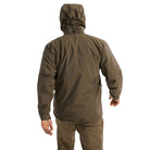 Back worn view of the Arc'teryx PRO Alpha LT Jacket Gen 2.2 in Ranger Green showing the articulated military fit, streamlined hood design, and lightweight GORE TEX 3 layer shell. This PRO-series jacket, evolved from the former Arc'teryx LEAF line, is engineered for mobility, durability, and full weather protection in tactical field environments.