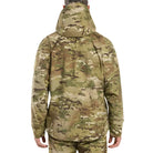 Arc'teryx PRO Alpha LT Gen 2.1 Multicam worn from behind highlighting articulated military cut and waterproof shell performance during wet weather tactical deployment