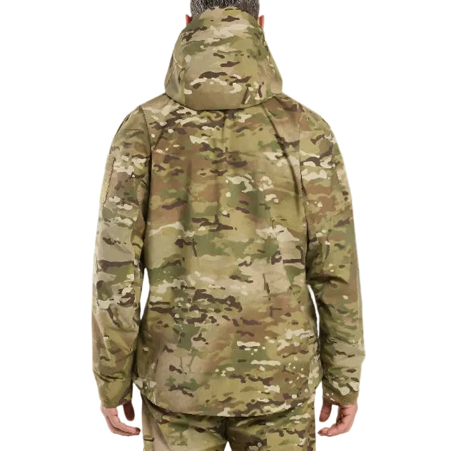 Arc'teryx PRO Alpha LT Gen 2.1 Multicam worn from behind highlighting articulated military cut and waterproof shell performance during wet weather tactical deployment