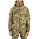 Front worn view of Arc'teryx PRO Alpha LT Gen 2.1 Multicam waterproof tactical shell showcasing StormHood coverage and breathable protection for high mobility missions