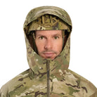 Arc'teryx PRO Alpha LT Gen 2.1 Multicam hood up showcasing adjustable StormHood system designed for helmet compatibility and operational weather protection