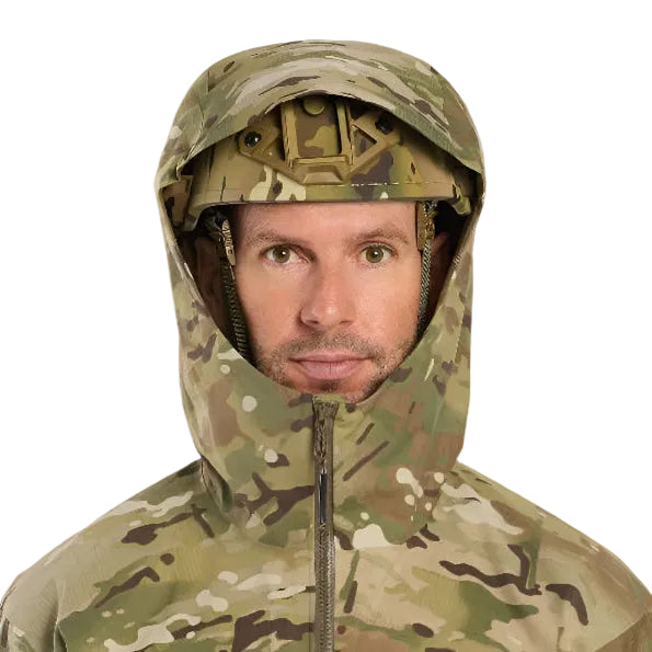 Arc'teryx PRO Alpha LT Gen 2.1 Multicam hood up showcasing adjustable StormHood system designed for helmet compatibility and operational weather protection