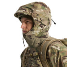 Close view of Arc'teryx PRO Alpha LT Gen 2.1 Multicam hood up featuring adjustable brim and full weather seal engineered for combat wet weather performance