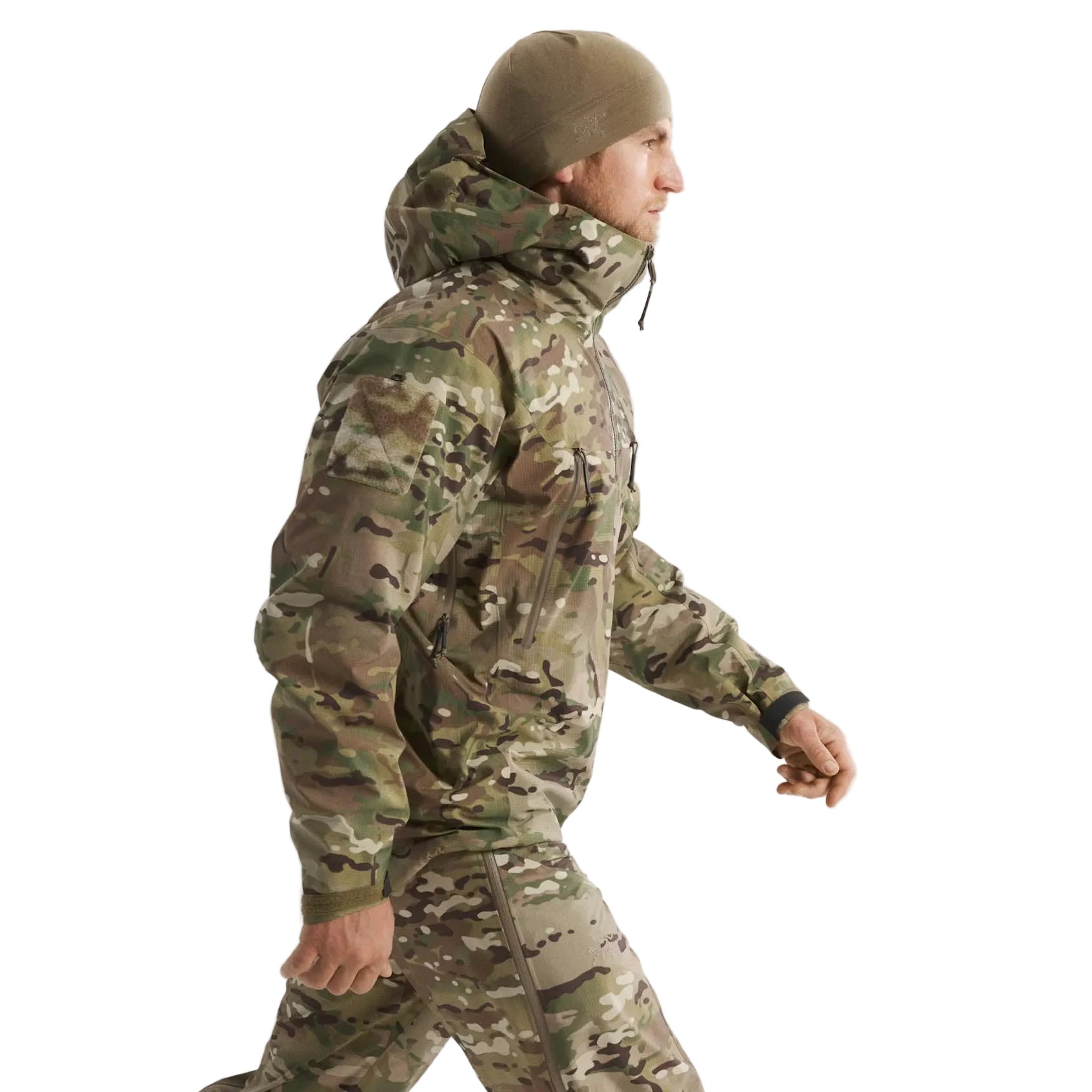 Side profile of Arc'teryx PRO Alpha LT Gen 2.1 Multicam highlighting articulated elbows and military fit built for unrestricted movement in harsh weather
