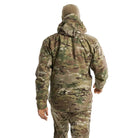 Rear angle of Arc'teryx PRO Alpha LT Gen 2.1 Multicam showing streamlined back panel and durable GORE TEX shell performance during tactical movement