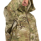 Detailed view of Arc'teryx PRO Alpha LT Gen 2.1 Multicam pit vents highlighting breathable waterproof construction for heat management during intense operational activity