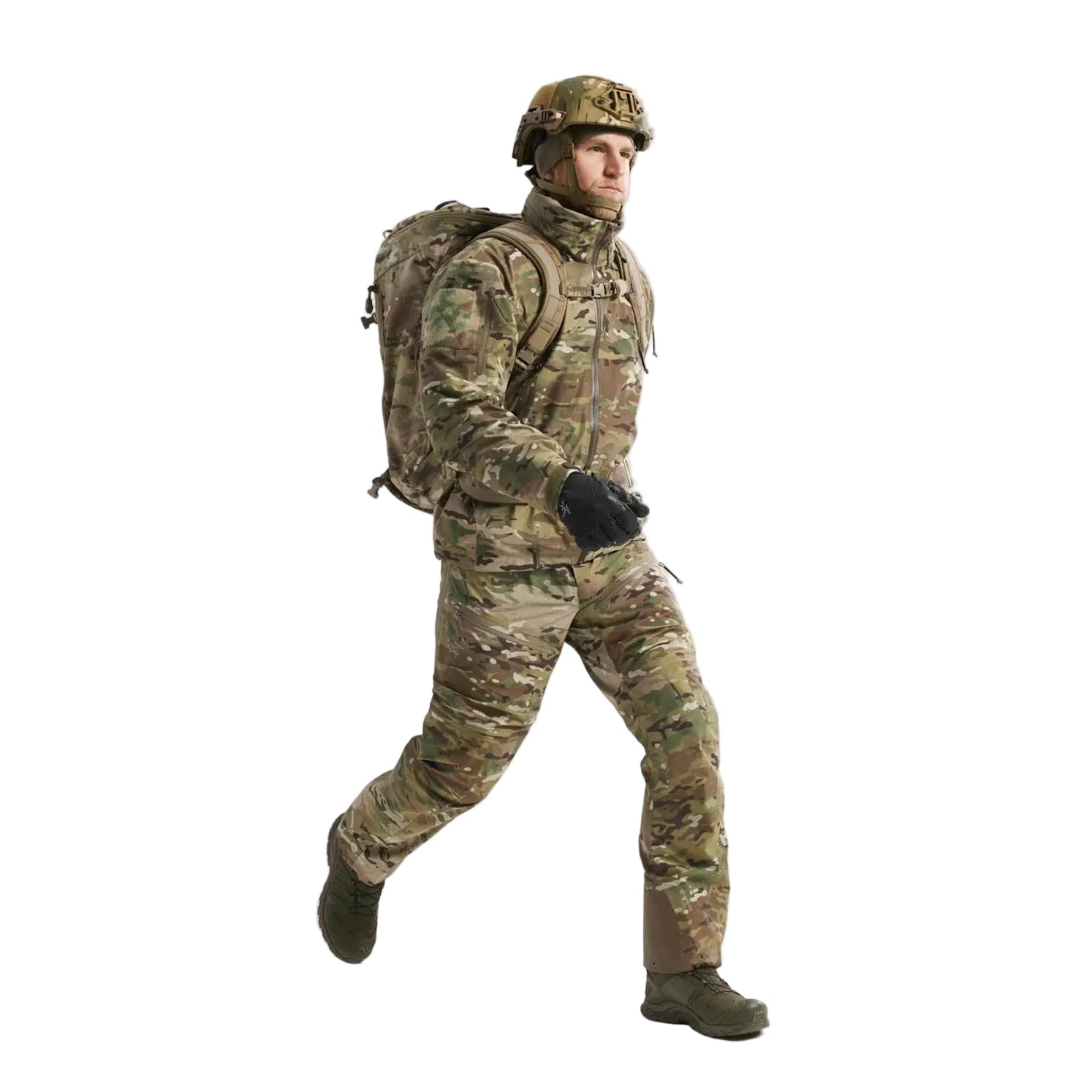 Action shot of Arc'teryx PRO Alpha Gen 2.1 Multicam tactical rain jacket during movement, breathable waterproof shell designed for reconnaissance and field deployment