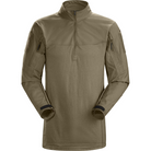 Front view of the Arc’teryx PRO Assault Combat Shirt in Crocodile. No melt/no drip combat shirt engineered for direct action, built with NYCO Cordura® ripstop and Cyberknit jersey. Features a low-profile zip neck, articulated cut, and body armor compatibility for tactical performance.