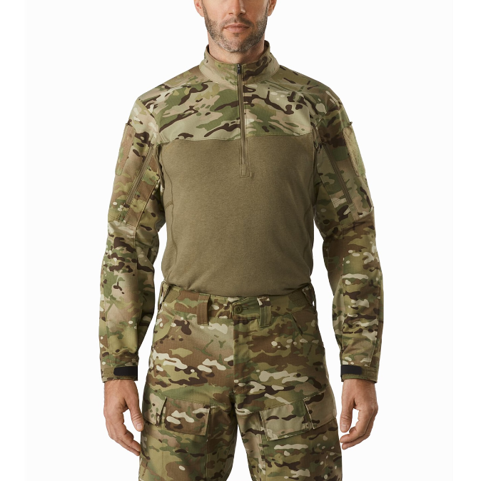 Front product shot of the Arc'teryx PRO Assault Shirt AR Gen 2 in MultiCam, factory-spec Arc'teryx LEAF gear now marked down. Tactical combat shirt built from no-melt/no-drip NYCO Cordura® ripstop with armor-compatible fit, zip neck, arm pockets, and removable elbow pads.