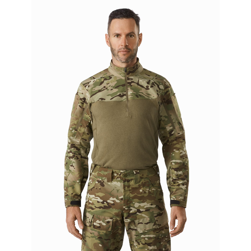Front product shot of the Arc'teryx PRO Assault Shirt AR Gen 2 in MultiCam, factory-spec Arc'teryx LEAF gear now marked down. Tactical combat shirt built from no-melt/no-drip NYCO Cordura® ripstop with armor-compatible fit, zip neck, arm pockets, and removable elbow pads.