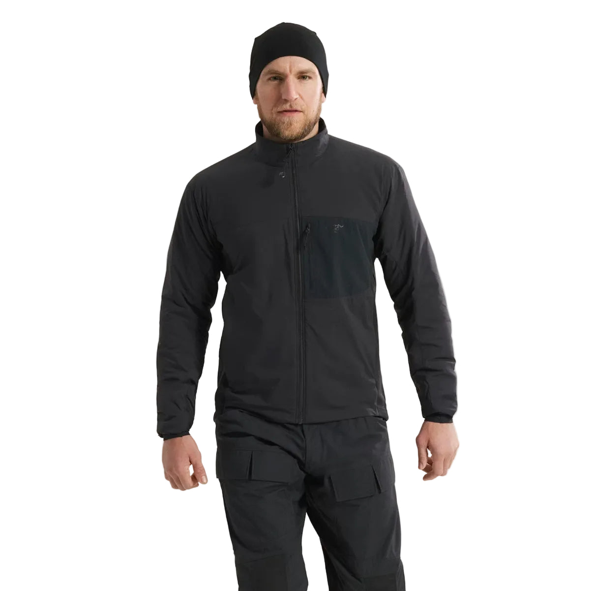 Arc'teryx PRO Atom LT Jacket Gen 2.1 in Black being worn from the front, lightweight tactical insulated mid layer with CLIMASHIELD insulation and articulated fit for military, law enforcement, and field operations