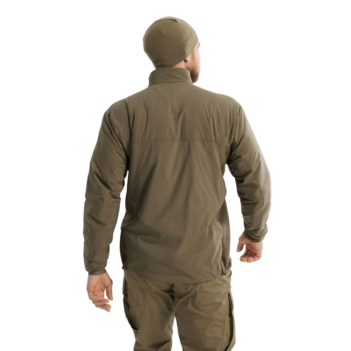 Rear view of Arc'teryx PRO Atom LT Gen 2.1 in Crocodile being worn in the field, breathable tactical mid layer with articulated shoulders and stretch side panels built for armor compatible performance