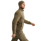 Side profile of Arc'teryx PRO Atom LT Jacket Gen 2.1 Crocodile highlighting low bulk insulation and streamlined cut, professional reconnaissance jacket engineered for movement under packs and plate carriers