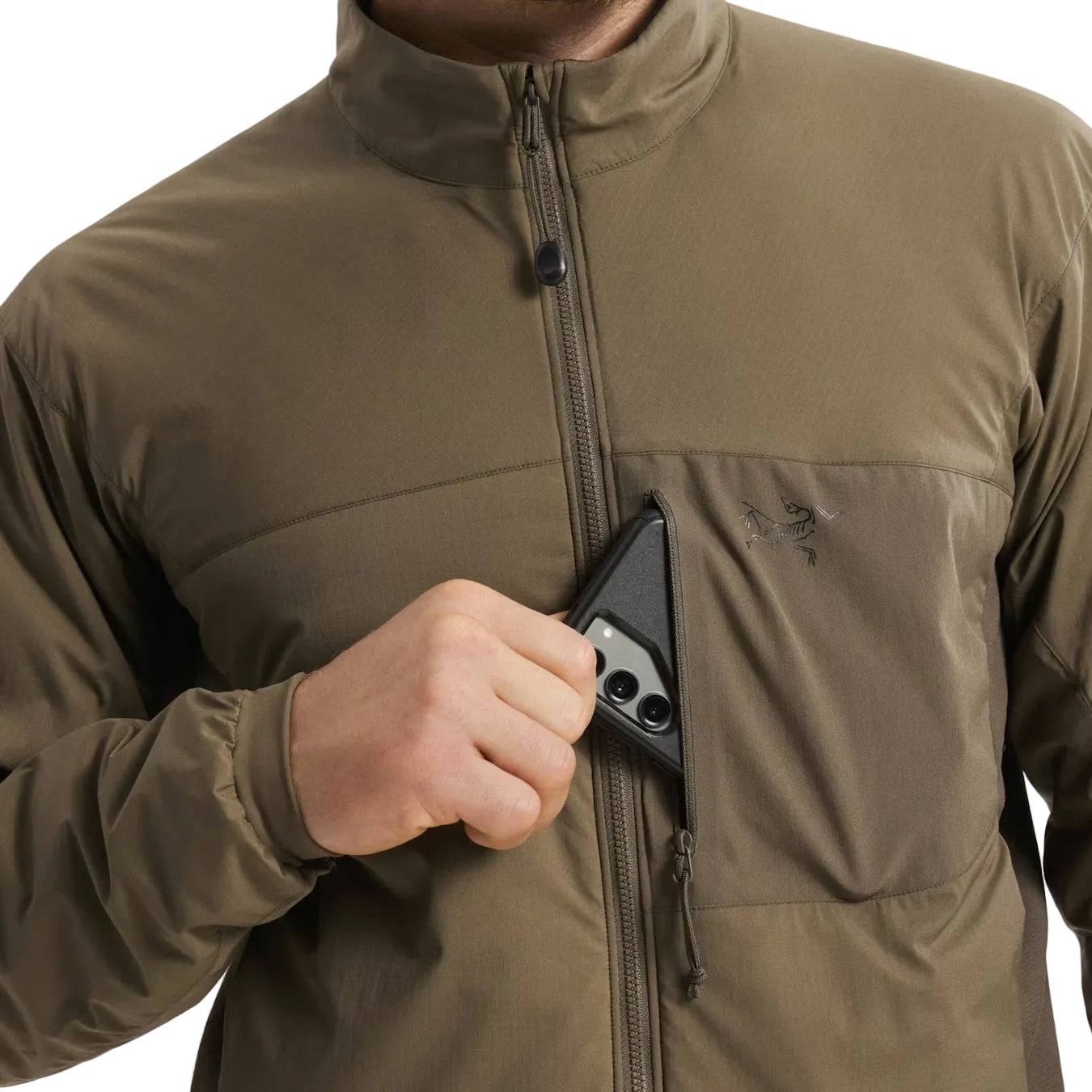 Close up of Ranger Green Arc'teryx PRO Atom LT Gen 2.1 zippered chest pocket, ripstop tactical jacket with secure mission essential storage for reconnaissance and duty use