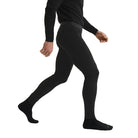 Side angle of Arc'teryx PRO Cold WX Bottom AR Black merino wool base layer highlighting athletic cut and streamlined fit for wearing under combat pants in freezing conditions
