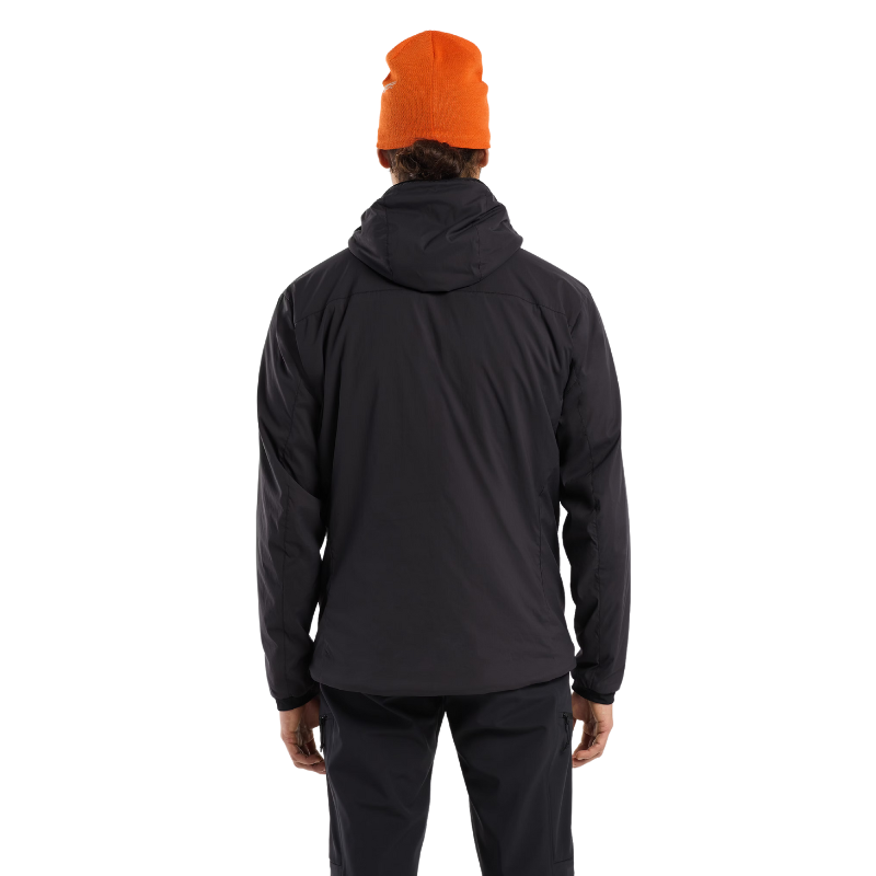 Back view of the Arc'teryx PRO Practitioner AR Hoody in Black showing the articulated shoulders, drop hem, and helmet-compatible ScubaHood™ design. Authentic Arc'teryx LEAF discontinued jacket marked down by factory spec. Lightweight tactical insulation built for range work, cold-weather operations, and high-output field missions. Final sale, limited stock.