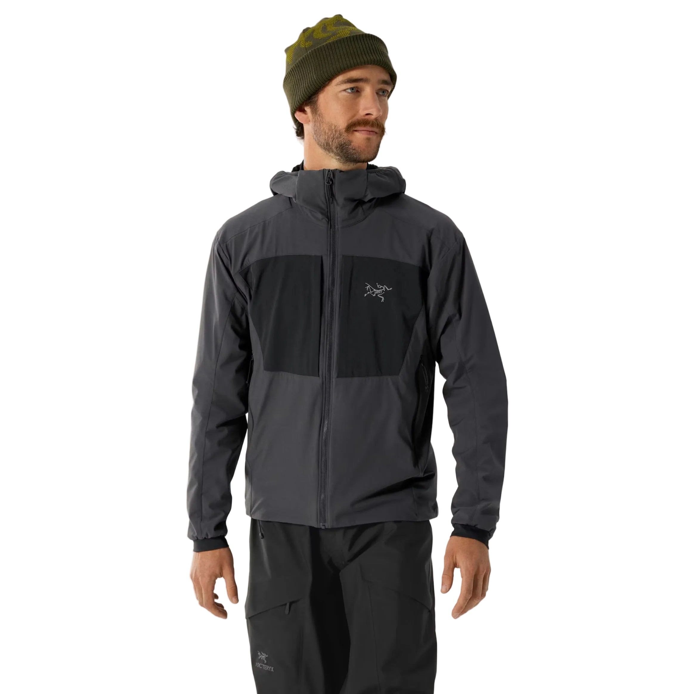 Front worn view of the Arc'teryx PRO Practitioner AR Hoody in Carbon Copy showing the athletic fit, ScubaHood design, and breathable Fortius Air 50 fabric as worn in the field, highlighting real world tactical performance for operators and outdoor professionals in the United States.