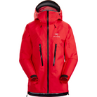 Front view of the Arc'teryx Women’s Alpine Guide Jacket in Dynasty bright red showing women’s GORE-TEX PRO alpine climbing shell built for waterproof and windproof mountain protection.