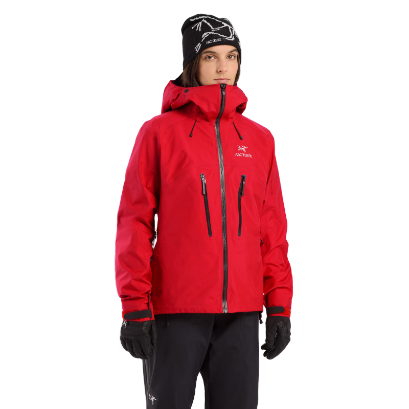 On body photo of the Arc'teryx Women’s Alpine Guide Jacket showing the women’s technical GORE TEX PRO alpine shell in use and available on sale in the Arc'teryx collection.