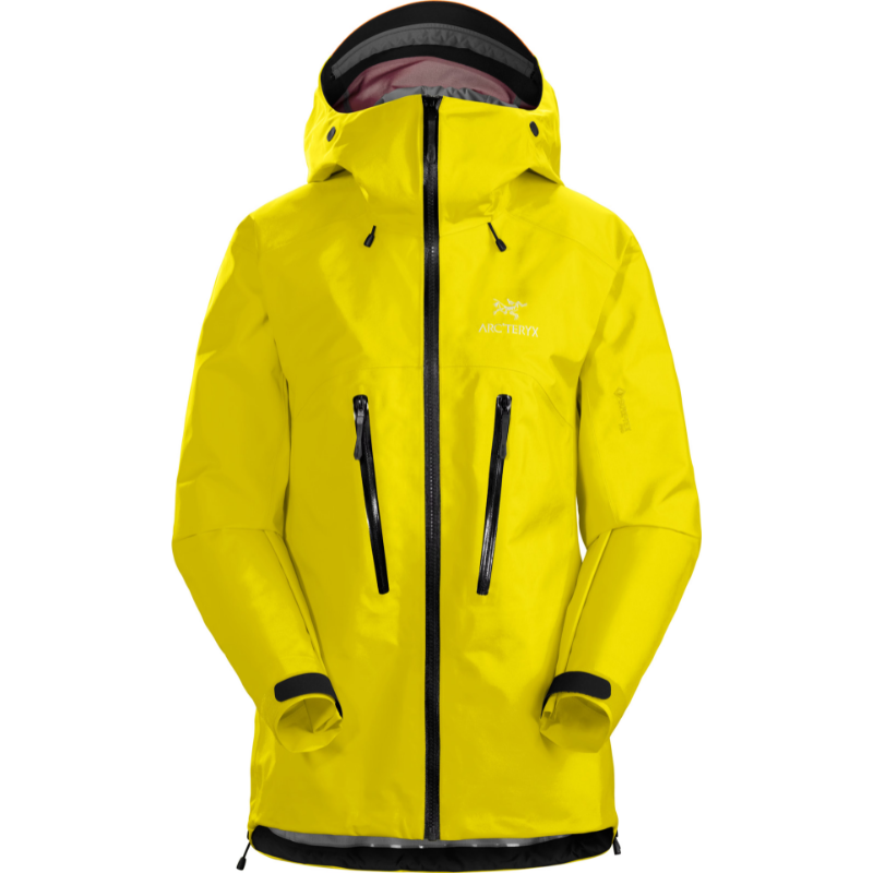 Front view of the Arc'teryx Women’s Alpine Guide Jacket in Viper yellow showing the women’s GORE TEX PRO alpine climbing shell on sale now in the Arc'teryx collection.
