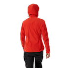 Back view of the Arc'teryx Women’s Practitioner AR Hoody in the bright Dynasty red colorway showing the ScubaHood design and articulated alpine fit being worn, featured as an Arc'teryx on sale mid layer built for high output mountain missions.