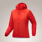 Product shot of the Arc'teryx Women’s Practitioner AR Hoody in the bright Dynasty red colorway showing the lightweight Octa Loft insulated alpine mid layer featured in the Arc'teryx on sale collection and built for high output cold weather missions.
