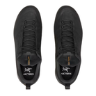 A pair of black Arc'teryx low-top sneakers shown from a top-down view on a plain white background.