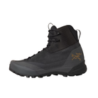 A single Arc'teryx high-top hiking boot in dark gray and black, featuring a gold Arc'teryx logo on the side, set against a plain white background.